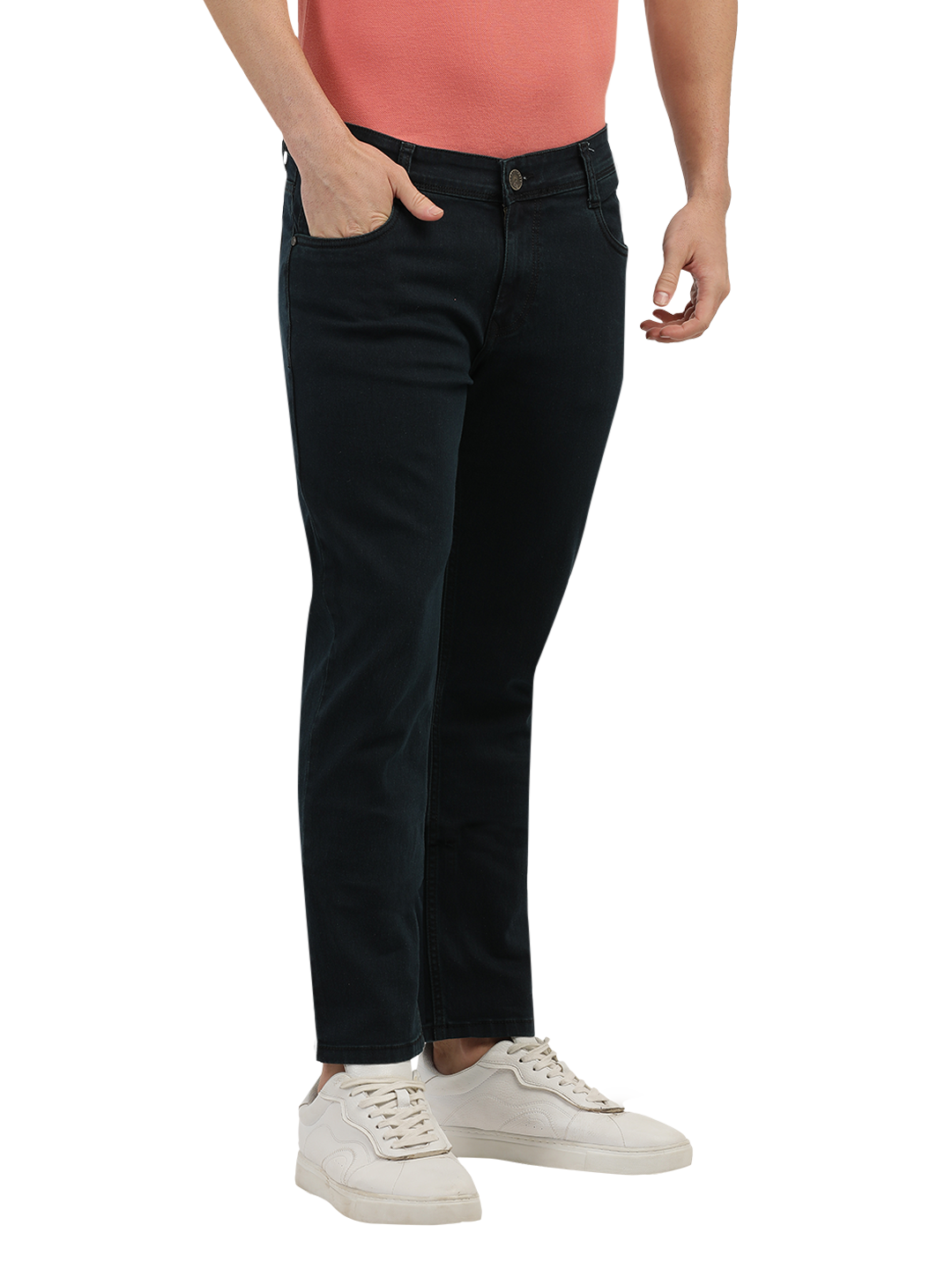 Model wearing Clarke Gable's Green Tinted Black Slim Fit Jeans in a casual setting