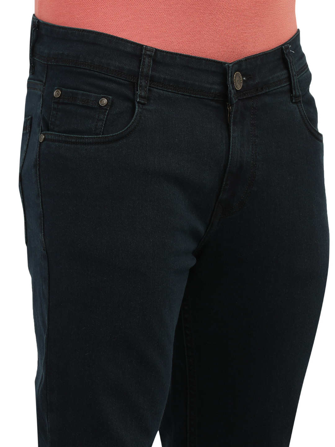 Model wearing Clarke Gable's Green Tinted Black Slim Fit Jeans in a casual setting