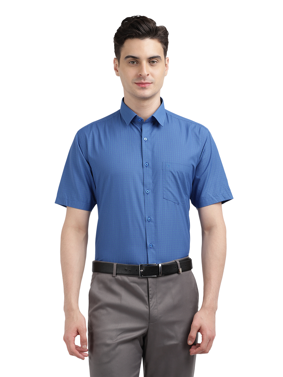 Model wearing Clarke Gable's Blue Checked Formal Shirt in a casual setting