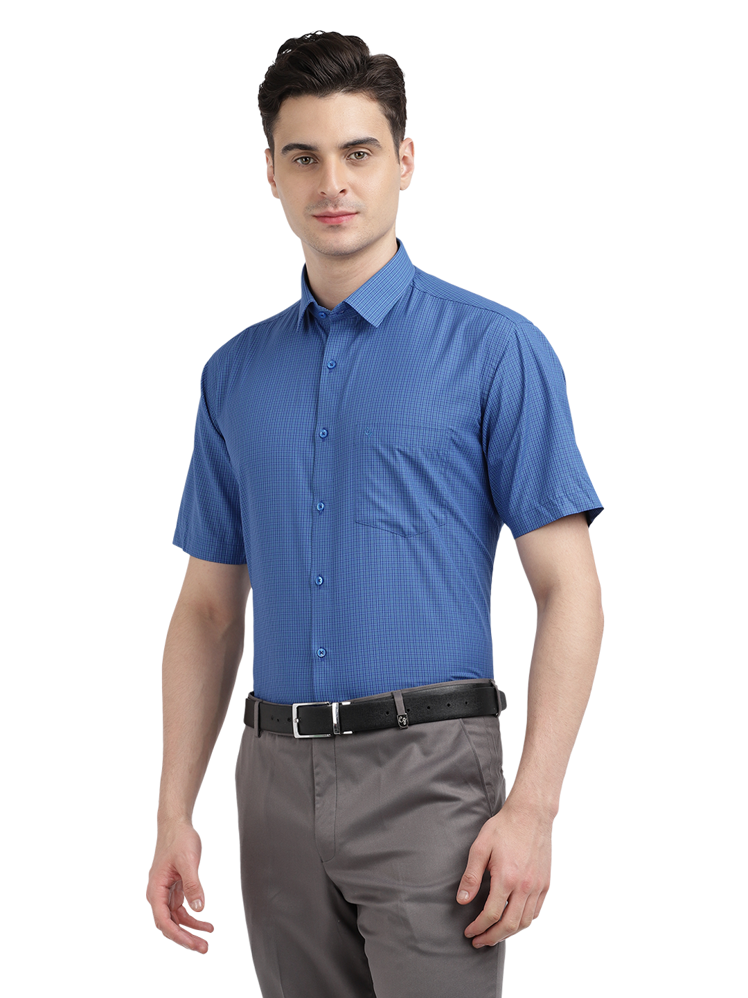 Model wearing Clarke Gable's Blue Checked Formal Shirt in a casual setting