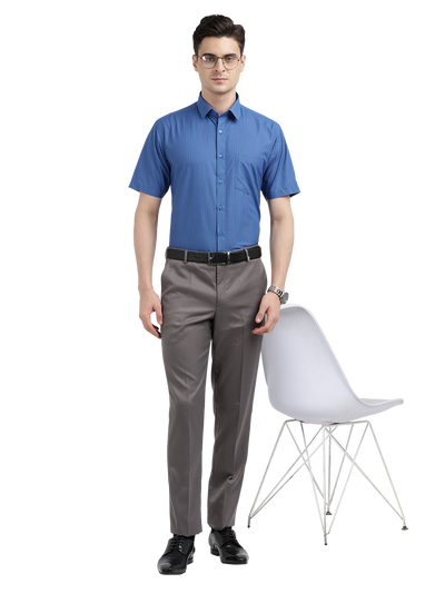 Model wearing Clarke Gable's Blue Checked Formal Shirt in a casual setting