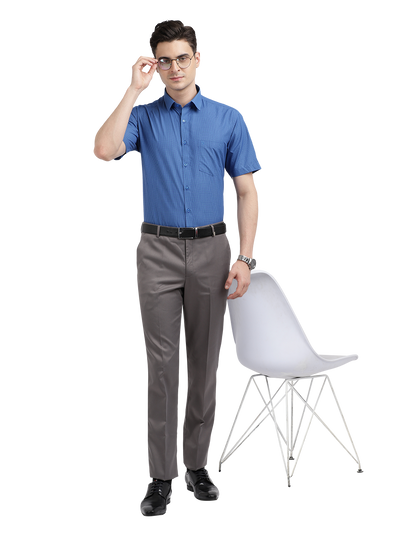 Model wearing Clarke Gable's Blue Checked Formal Shirt in a casual setting