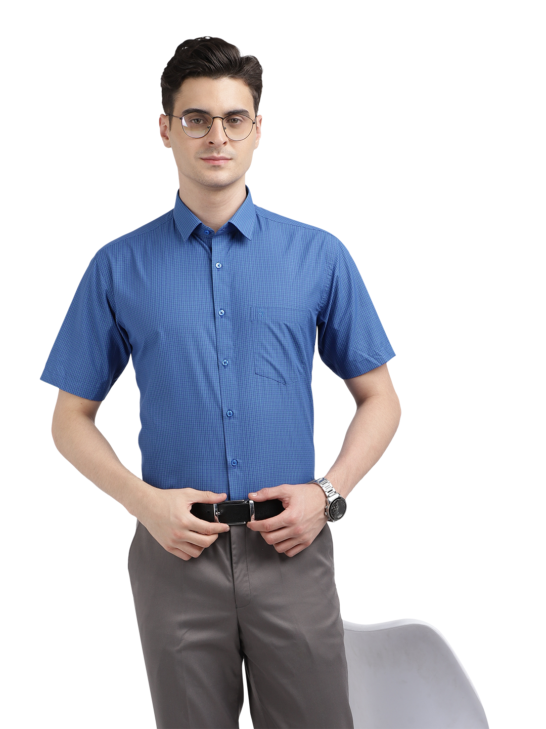 Model wearing Clarke Gable's Blue Checked Formal Shirt in a casual setting