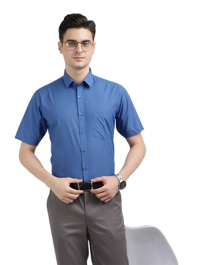 Model wearing Clarke Gable's Blue Checked Formal Shirt in a casual setting