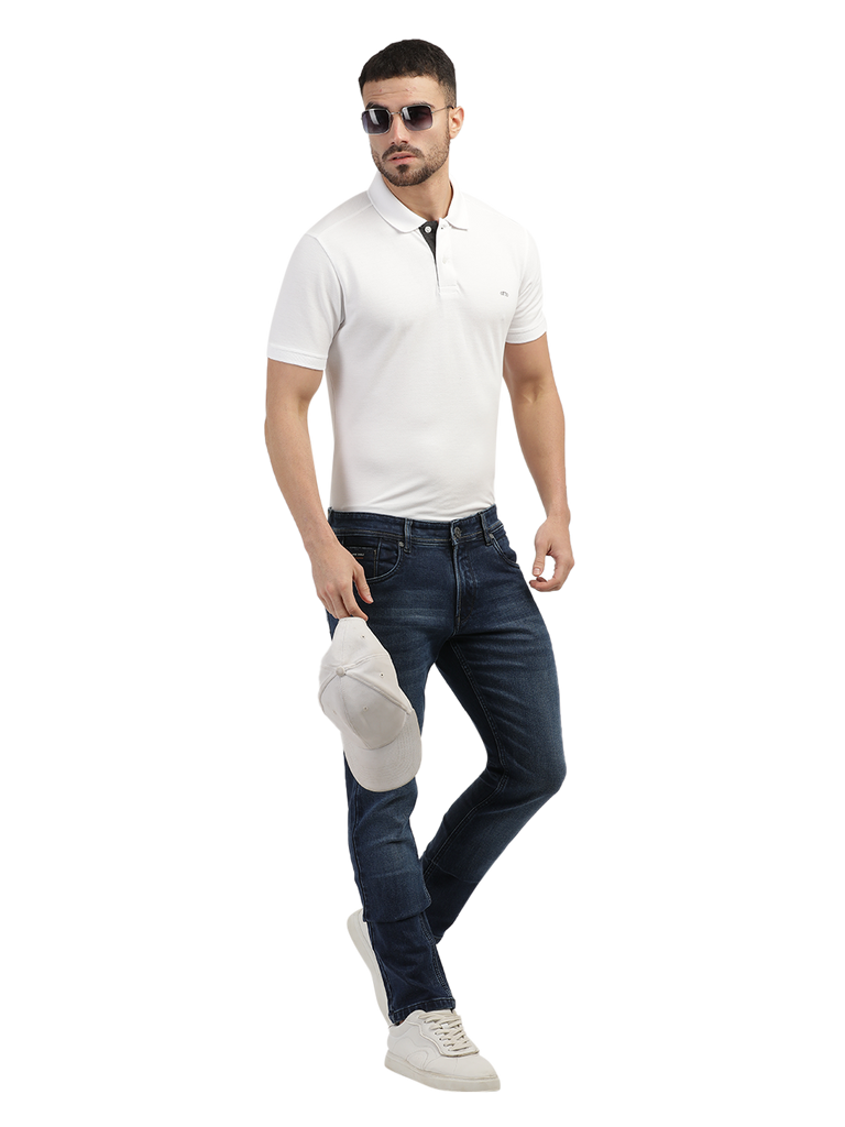 Model wearing Clarke Gable's Blue Skinny Fit Jeans in a casual setting