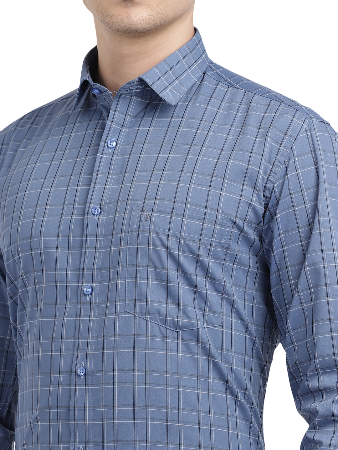 Model wearing Clarke Gable's Blue With Black Checked Formal Shirt in a casual setting
