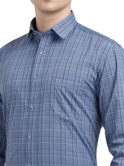 Model wearing Clarke Gable's Blue With Black Checked Formal Shirt in a casual setting
