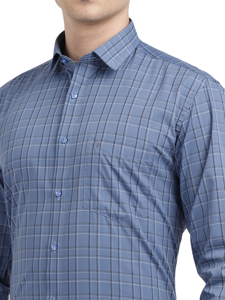 Model wearing Clarke Gable's Blue With Black Checked Formal Shirt in a casual setting