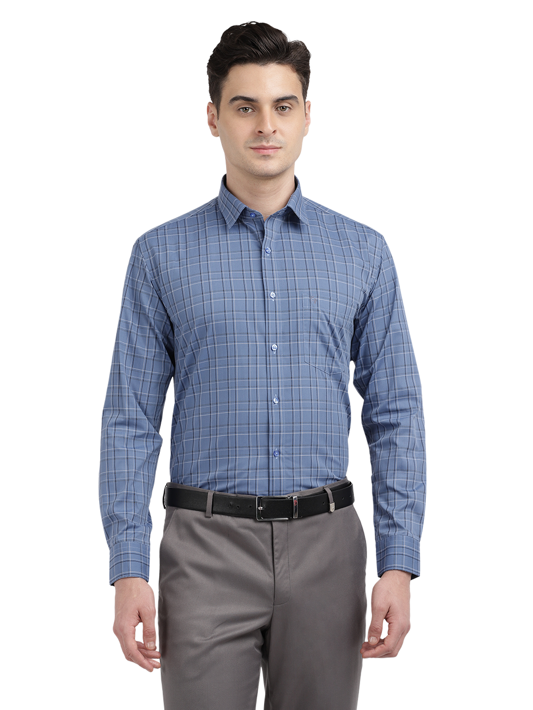 Model wearing Clarke Gable's Blue With Black Checked Formal Shirt in a casual setting