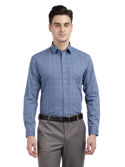 Model wearing Clarke Gable's Blue With Black Checked Formal Shirt in a casual setting