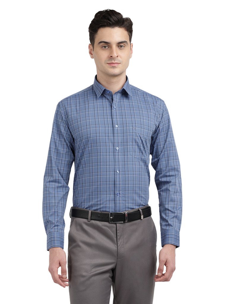 Model wearing Clarke Gable's Blue With Black Checked Formal Shirt in a casual setting