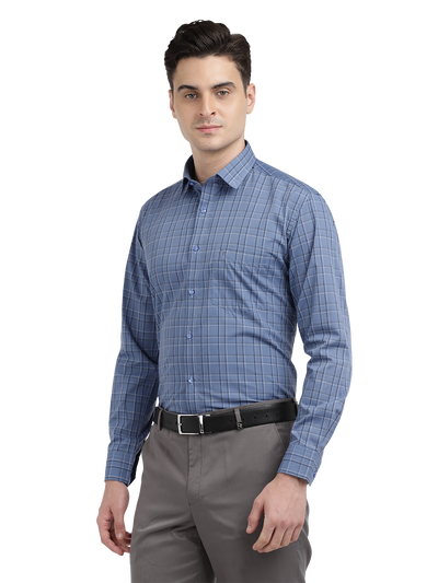 Model wearing Clarke Gable's Blue With Black Checked Formal Shirt in a casual setting