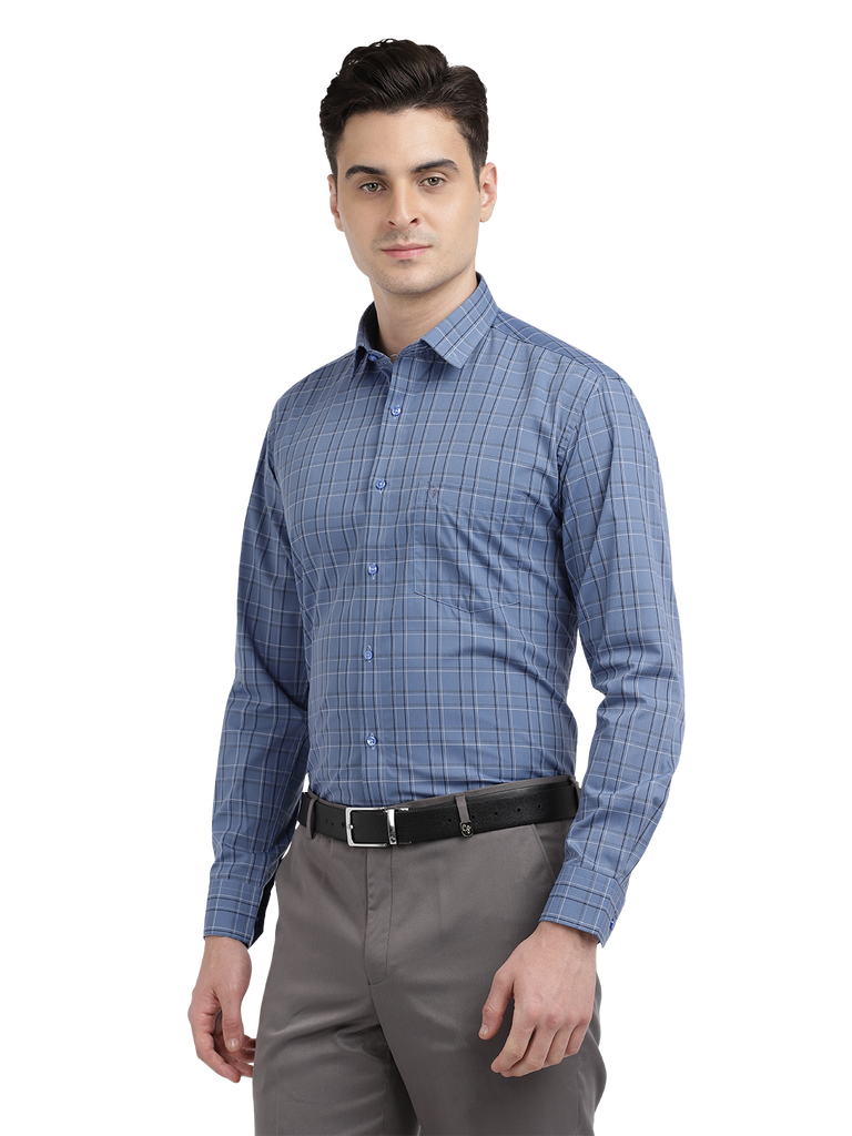 Model wearing Clarke Gable's Blue With Black Checked Formal Shirt in a casual setting