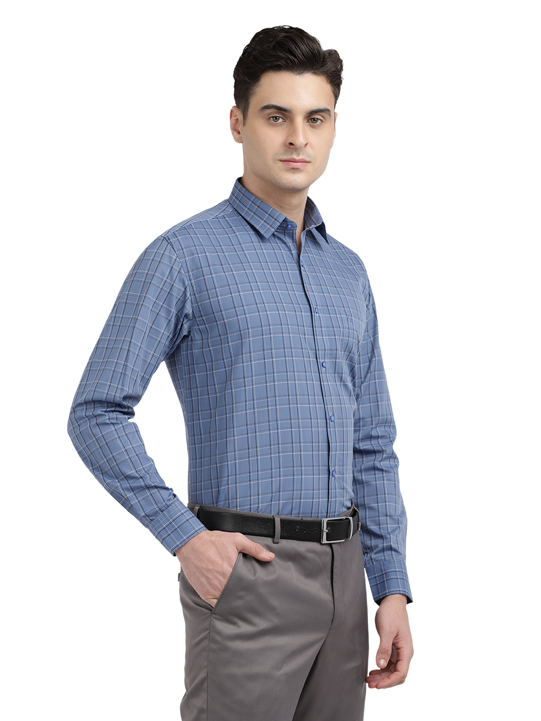 Model wearing Clarke Gable's Blue With Black Checked Formal Shirt in a casual setting