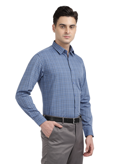 Model wearing Clarke Gable's Blue With Black Checked Formal Shirt in a casual setting