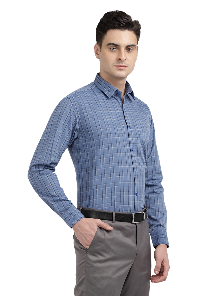 Model wearing Clarke Gable's Blue With Black Checked Formal Shirt in a casual setting