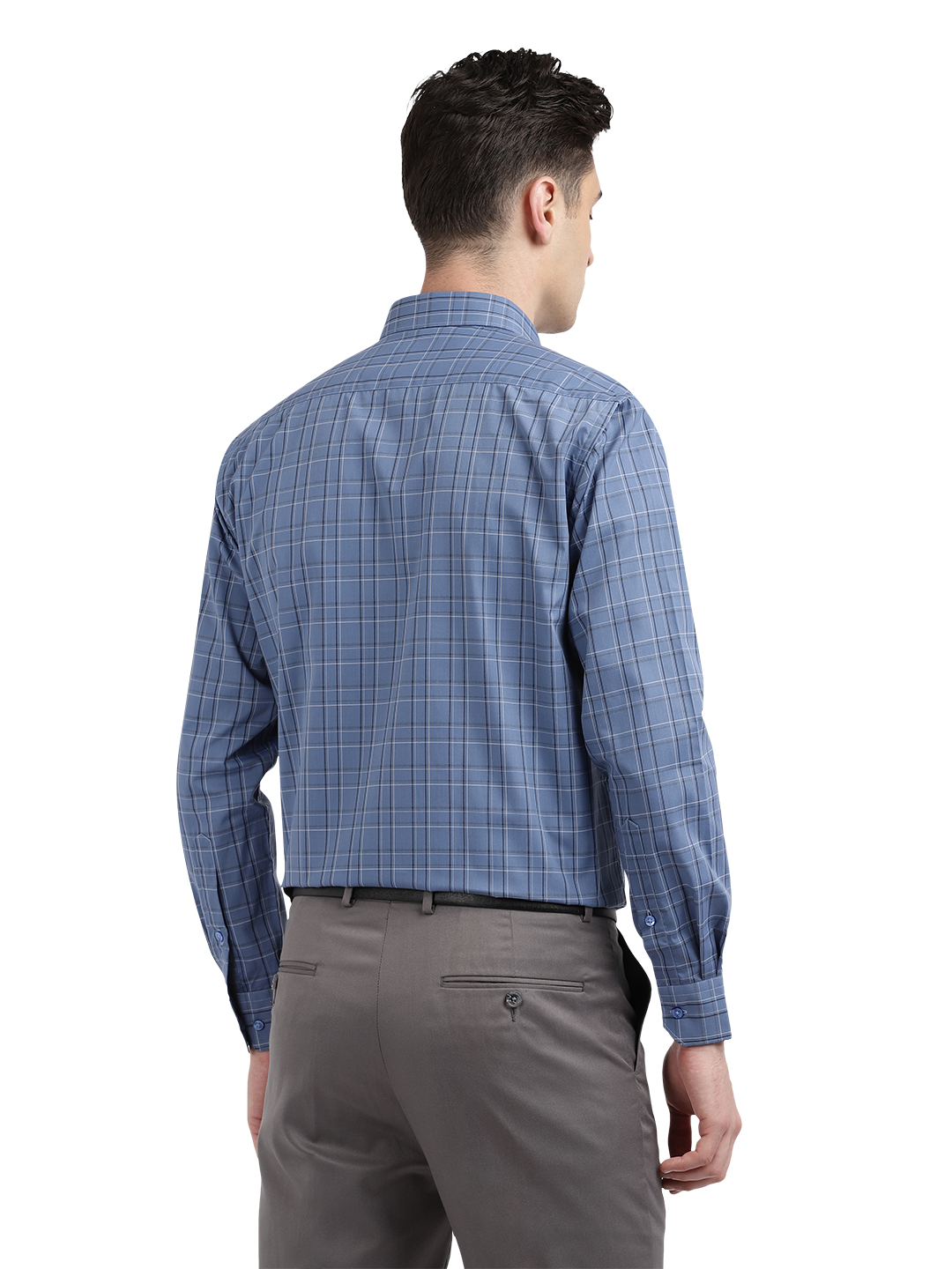 Model wearing Clarke Gable's Blue With Black Checked Formal Shirt in a casual setting