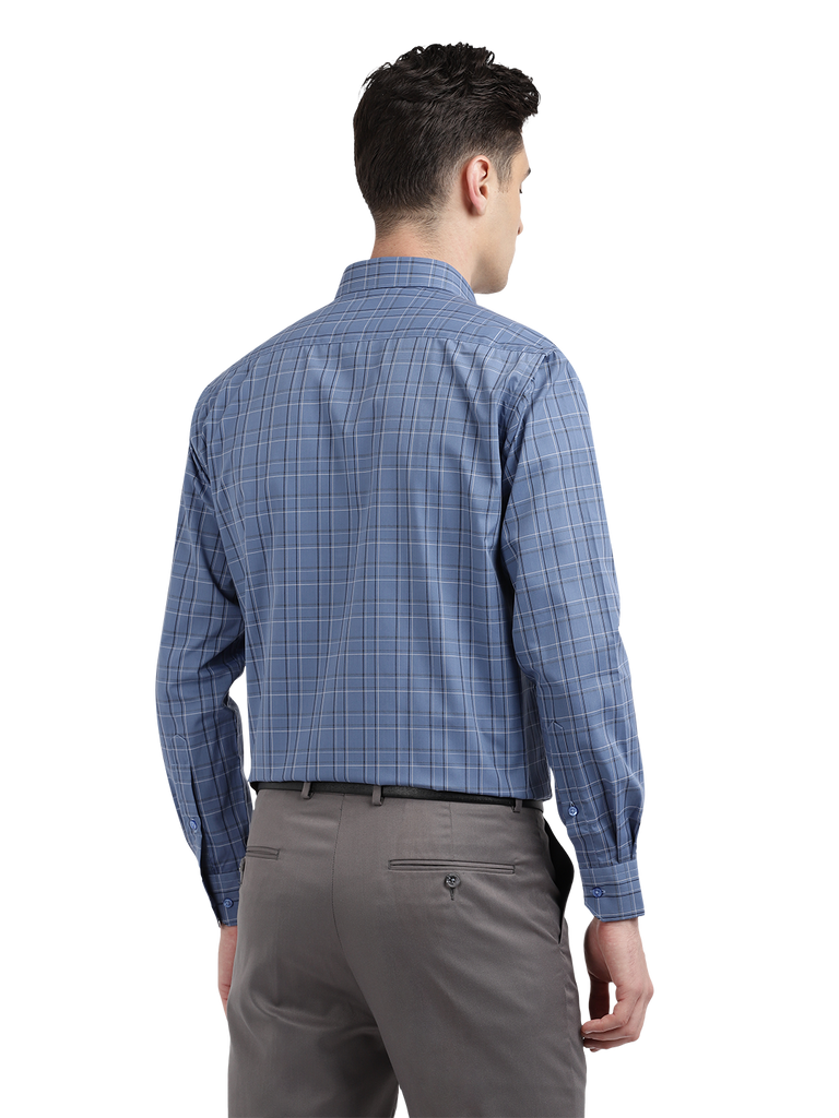 Model wearing Clarke Gable's Blue With Black Checked Formal Shirt in a casual setting