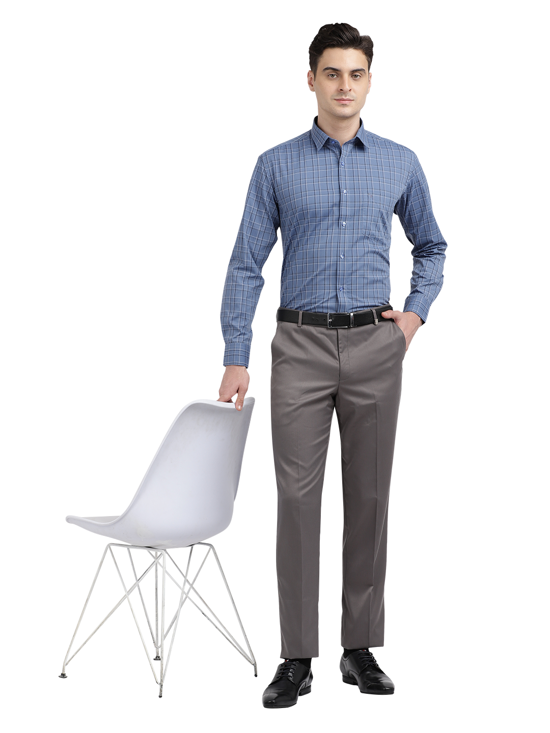 Model wearing Clarke Gable's Blue With Black Checked Formal Shirt in a casual setting