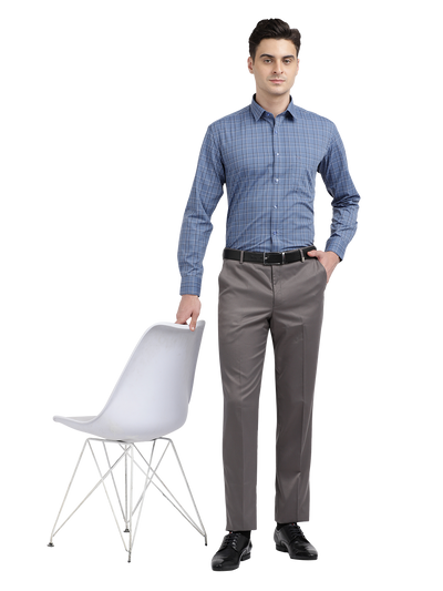 Model wearing Clarke Gable's Blue With Black Checked Formal Shirt in a casual setting