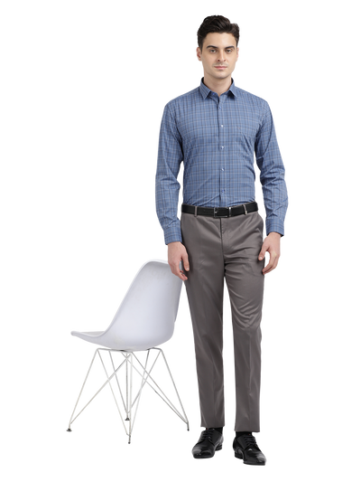 Model wearing Clarke Gable's Blue With Black Checked Formal Shirt in a casual setting