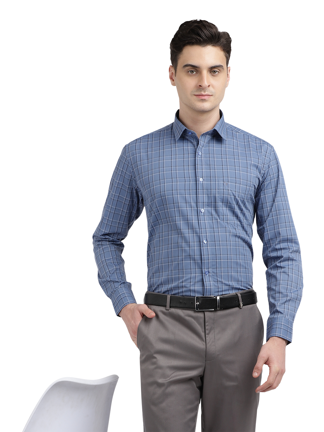 Model wearing Clarke Gable's Blue With Black Checked Formal Shirt in a casual setting