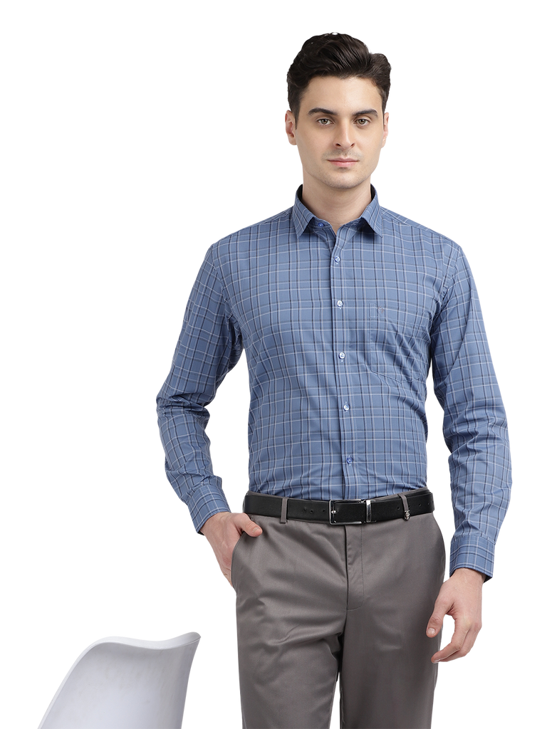 Model wearing Clarke Gable's Blue With Black Checked Formal Shirt in a casual setting