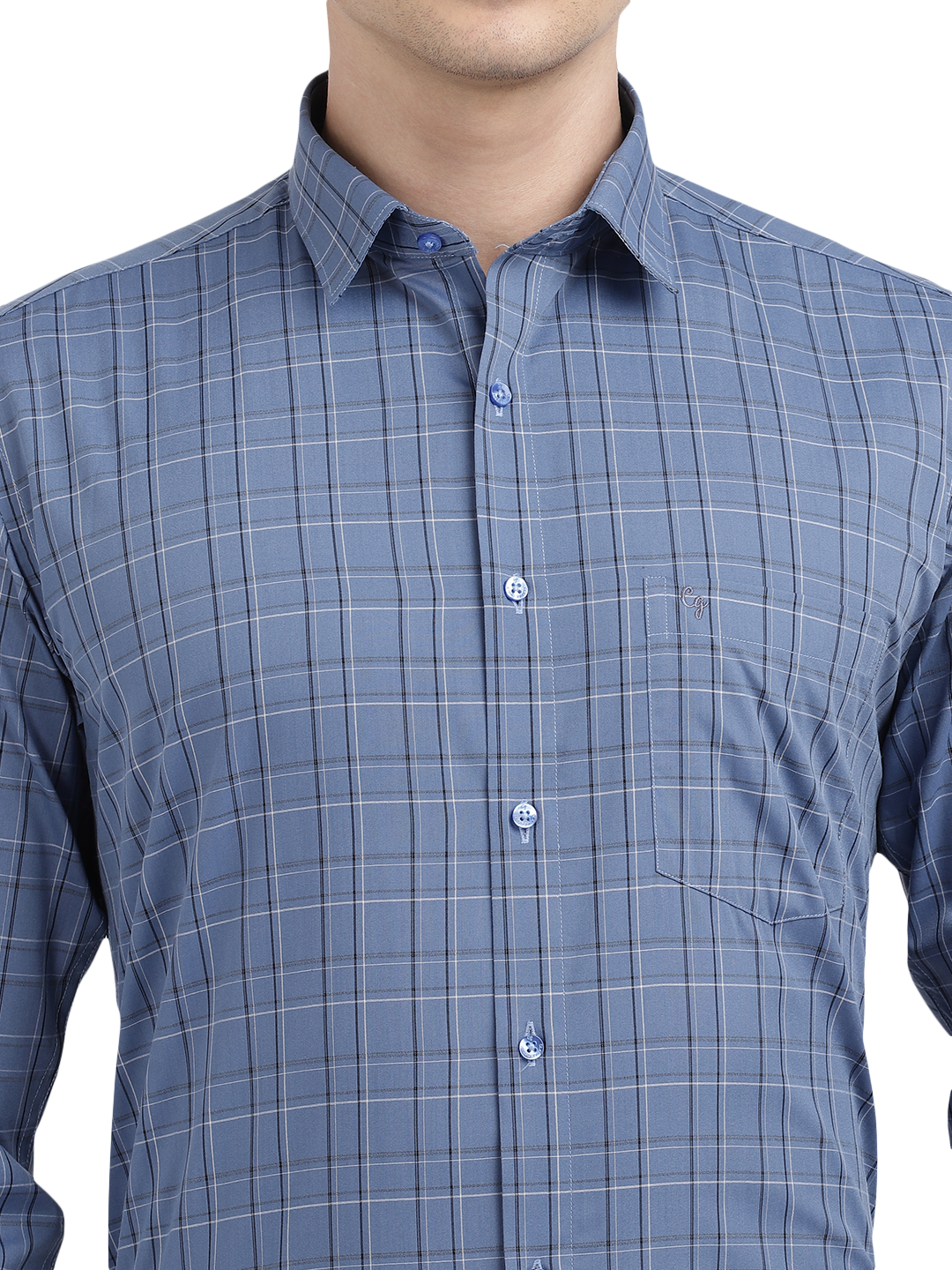 Model wearing Clarke Gable's Blue With Black Checked Formal Shirt in a casual setting