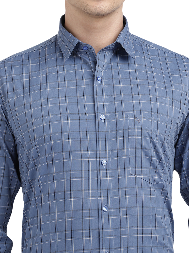 Model wearing Clarke Gable's Blue With Black Checked Formal Shirt in a casual setting