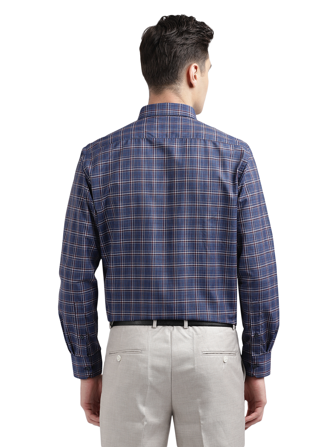 Model wearing Clarke Gable's Blue With Red Checked Formal Shirt in a casual setting