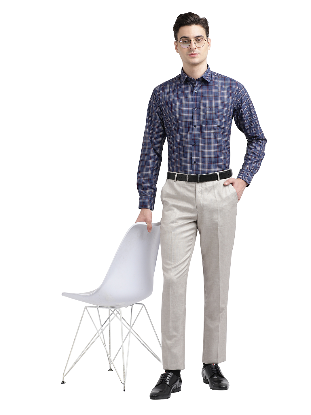 Model wearing Clarke Gable's Blue With Red Checked Formal Shirt in a casual setting