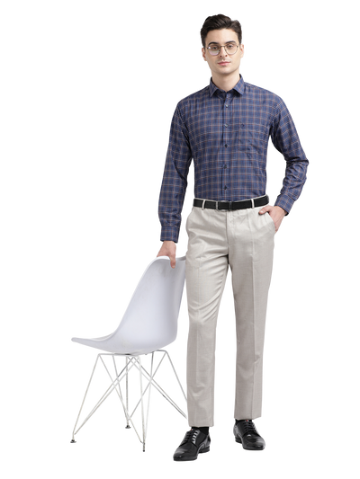 Model wearing Clarke Gable's Blue With Red Checked Formal Shirt in a casual setting