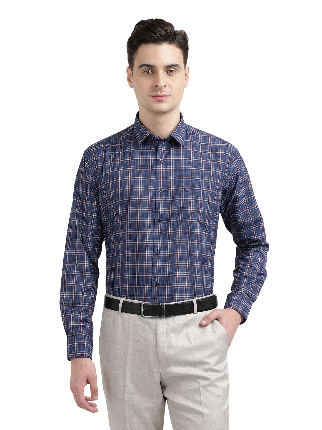 Model wearing Clarke Gable's Blue With Red Checked Formal Shirt in a casual setting