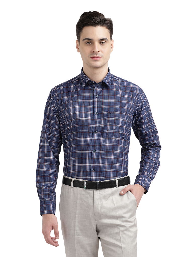 Model wearing Clarke Gable's Blue With Red Checked Formal Shirt in a casual setting