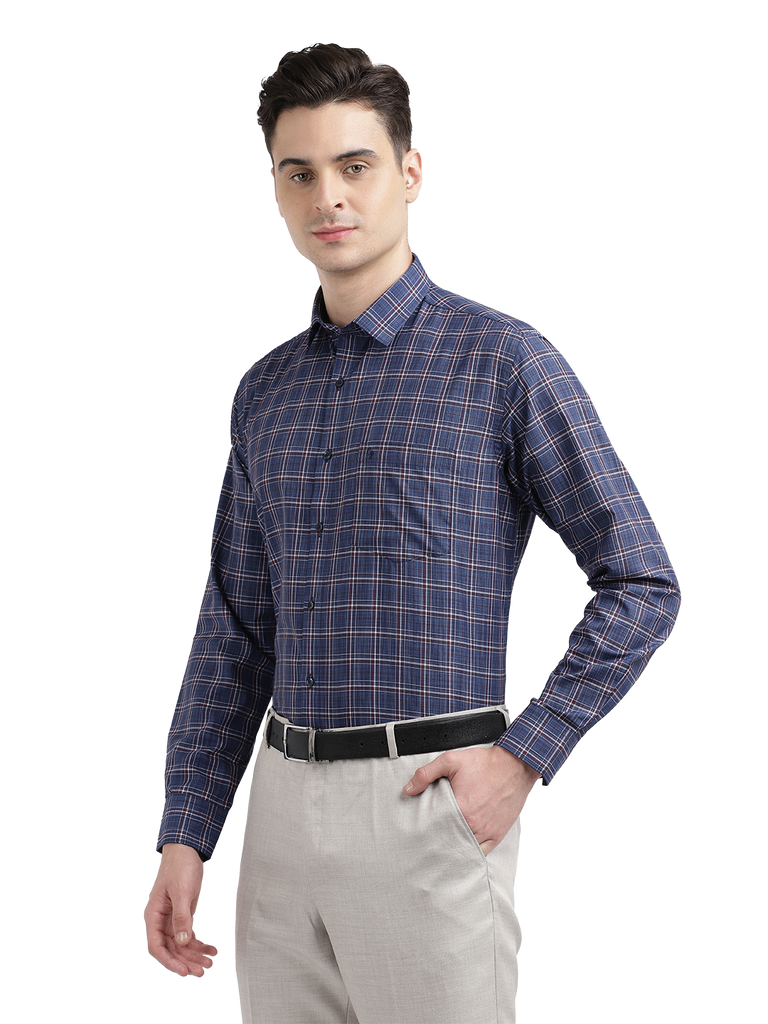 Model wearing Clarke Gable's Blue With Red Checked Formal Shirt in a casual setting