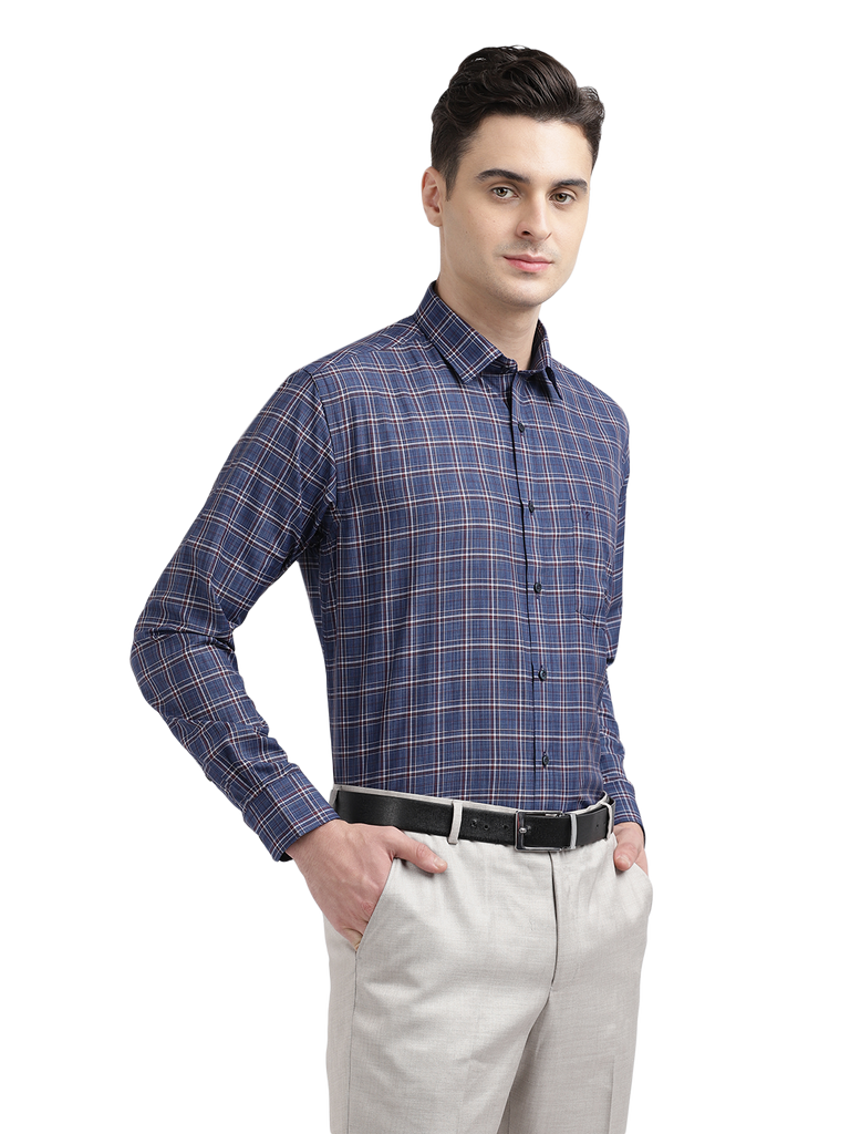 Model wearing Clarke Gable's Blue With Red Checked Formal Shirt in a casual setting