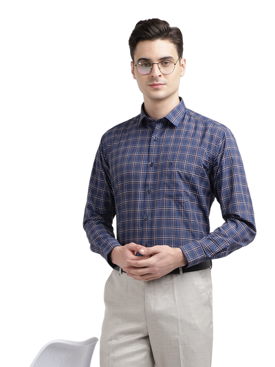 Model wearing Clarke Gable's Blue With Red Checked Formal Shirt in a casual setting