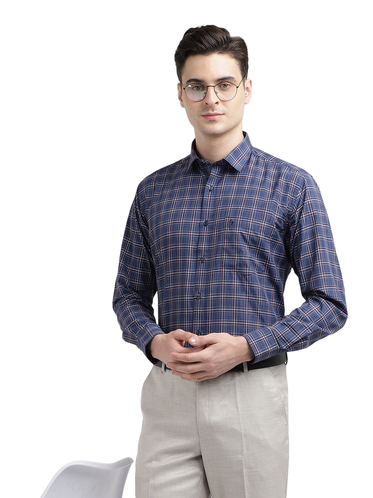 Model wearing Clarke Gable's Blue With Red Checked Formal Shirt in a casual setting