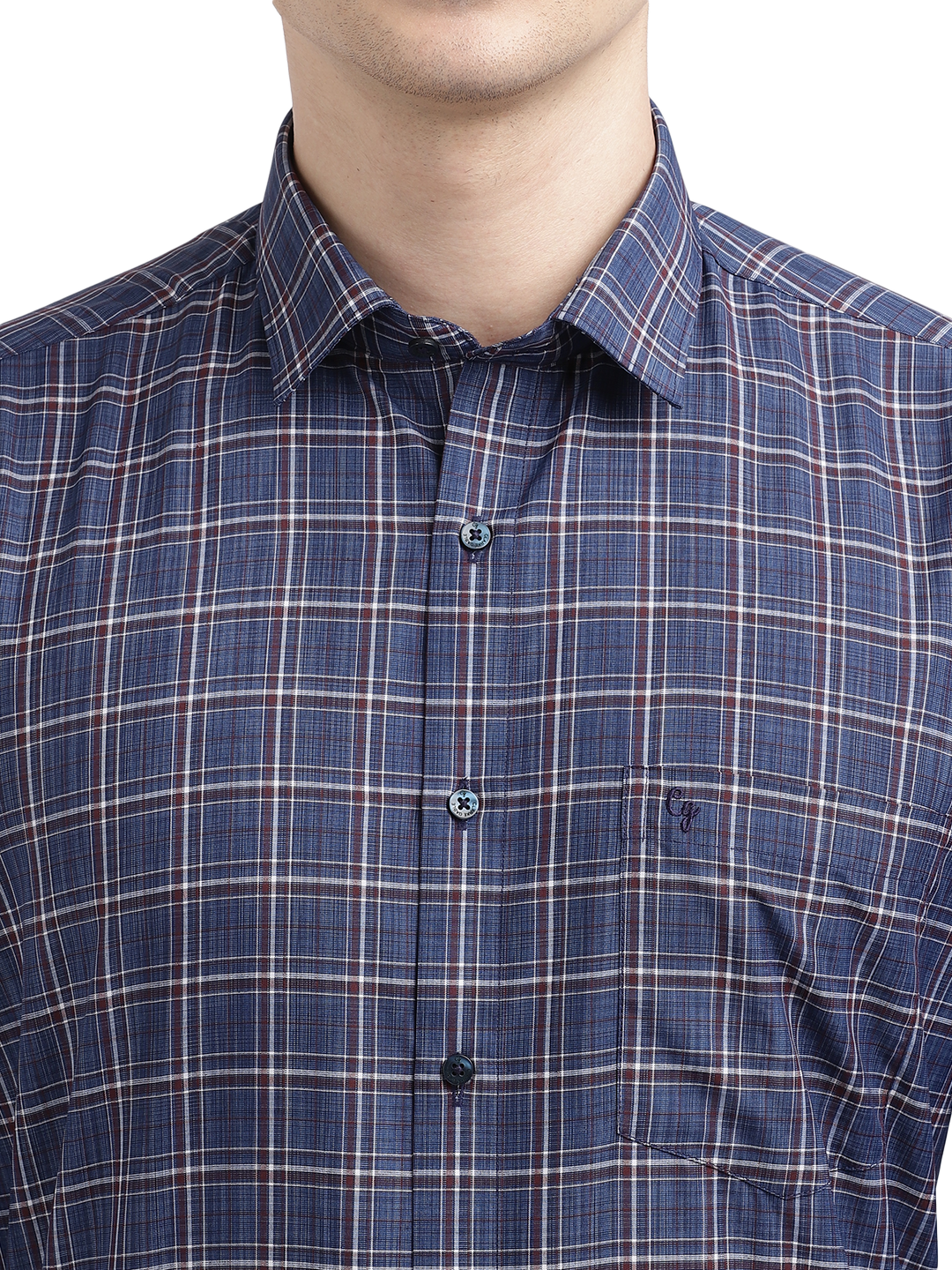 Model wearing Clarke Gable's Blue With Red Checked Formal Shirt in a casual setting
