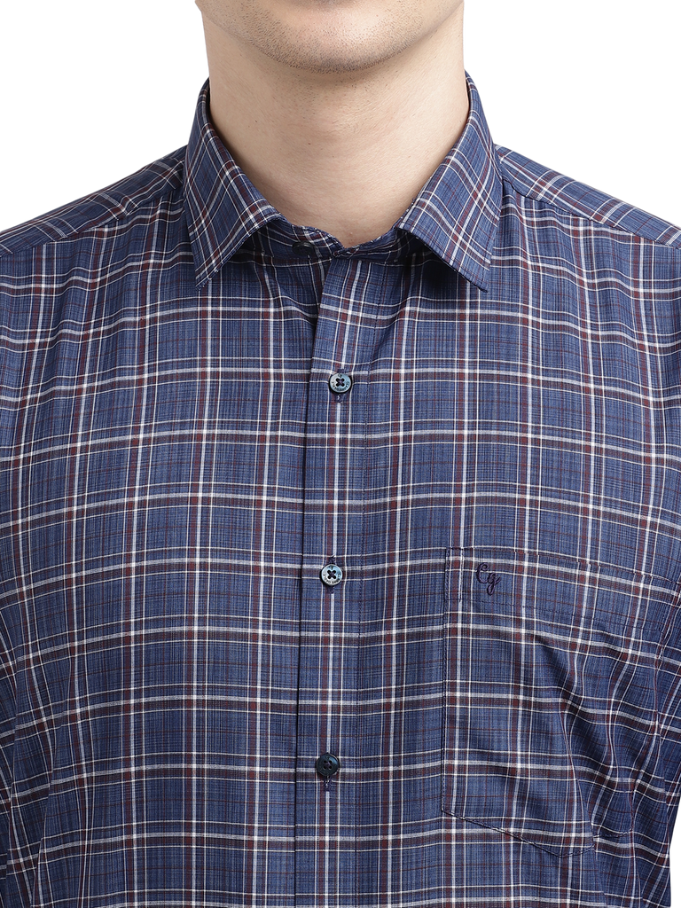 Model wearing Clarke Gable's Blue With Red Checked Formal Shirt in a casual setting