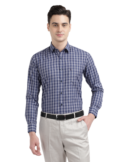 Model wearing Clarke Gable's Blue With White Checked Formal Shirt in a casual setting