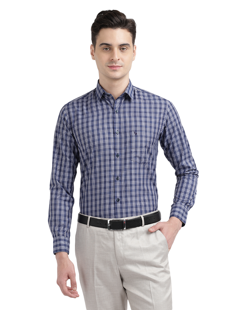 Model wearing Clarke Gable's Blue With White Checked Formal Shirt in a casual setting