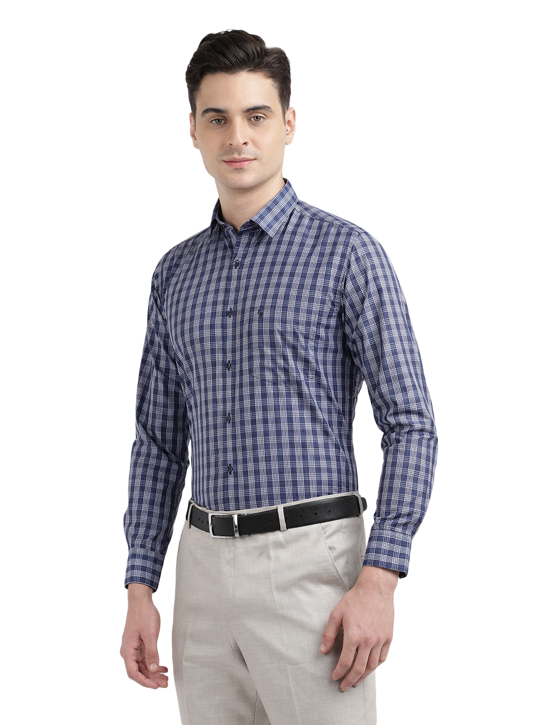 Model wearing Clarke Gable's Blue With White Checked Formal Shirt in a casual setting