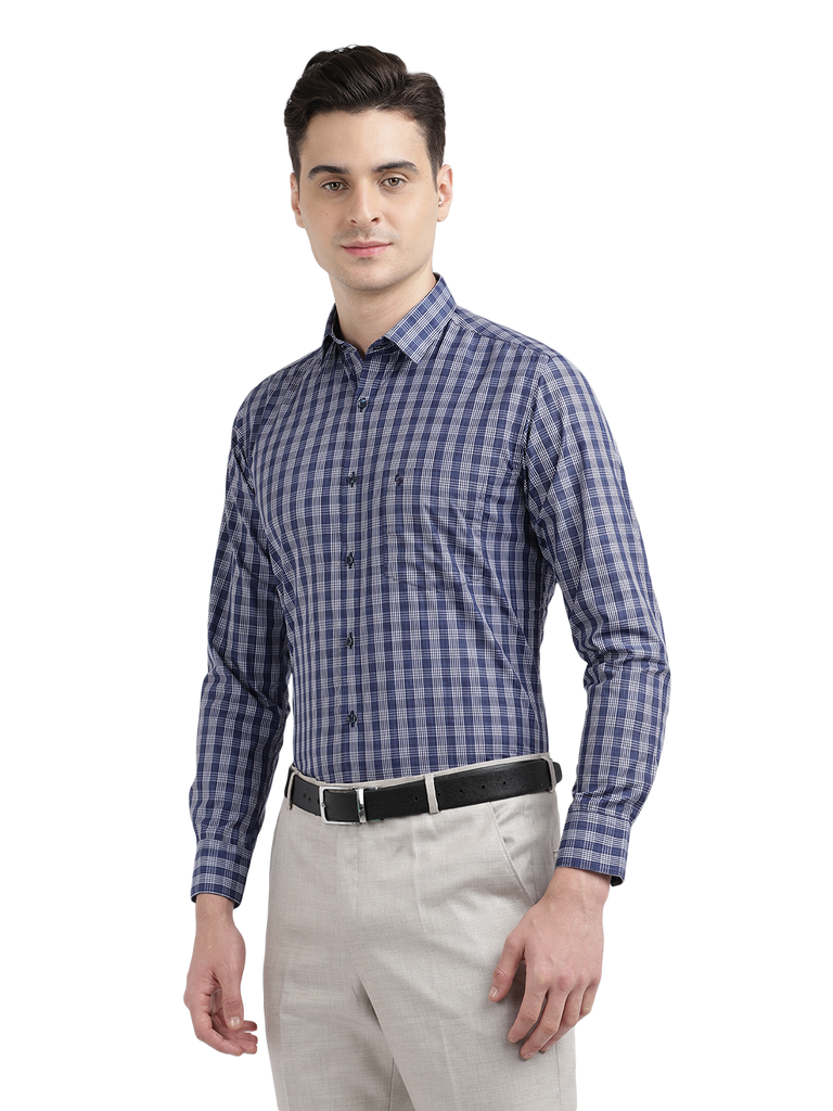 Model wearing Clarke Gable's Blue With White Checked Formal Shirt in a casual setting