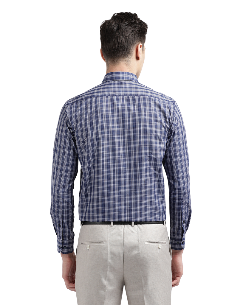 Model wearing Clarke Gable's Blue With White Checked Formal Shirt in a casual setting