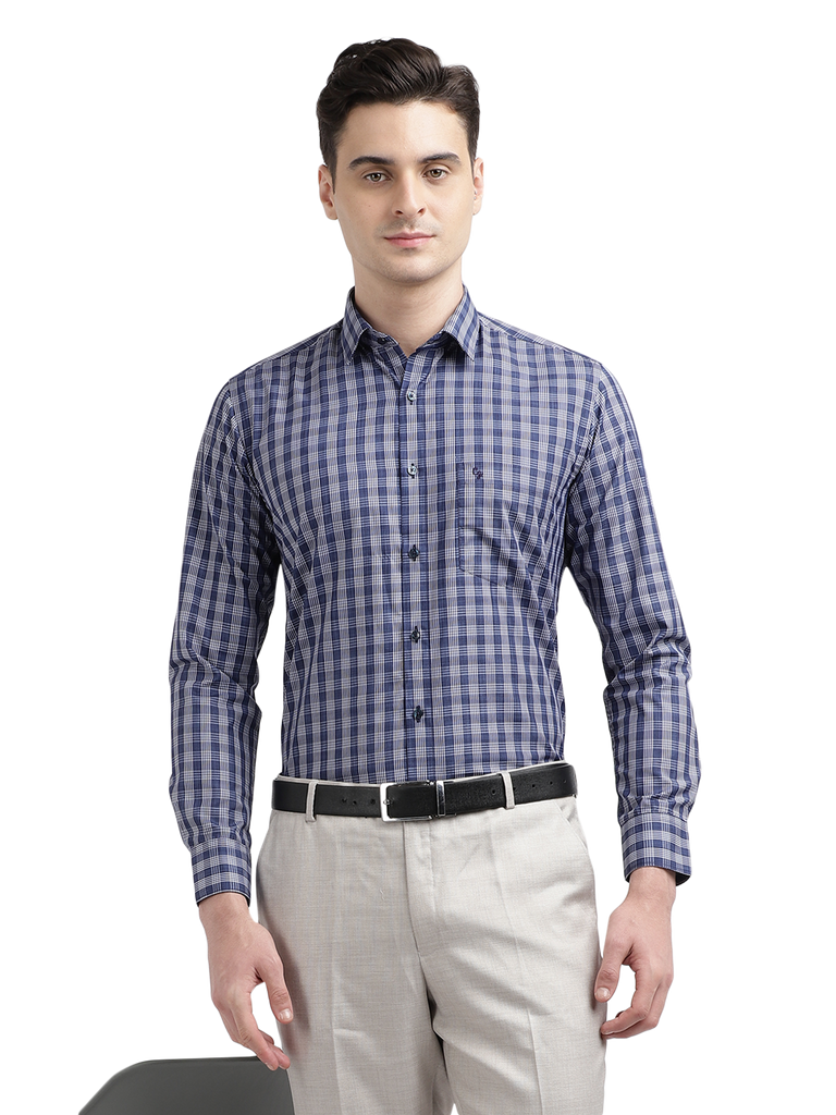 Model wearing Clarke Gable's Blue With White Checked Formal Shirt in a casual setting