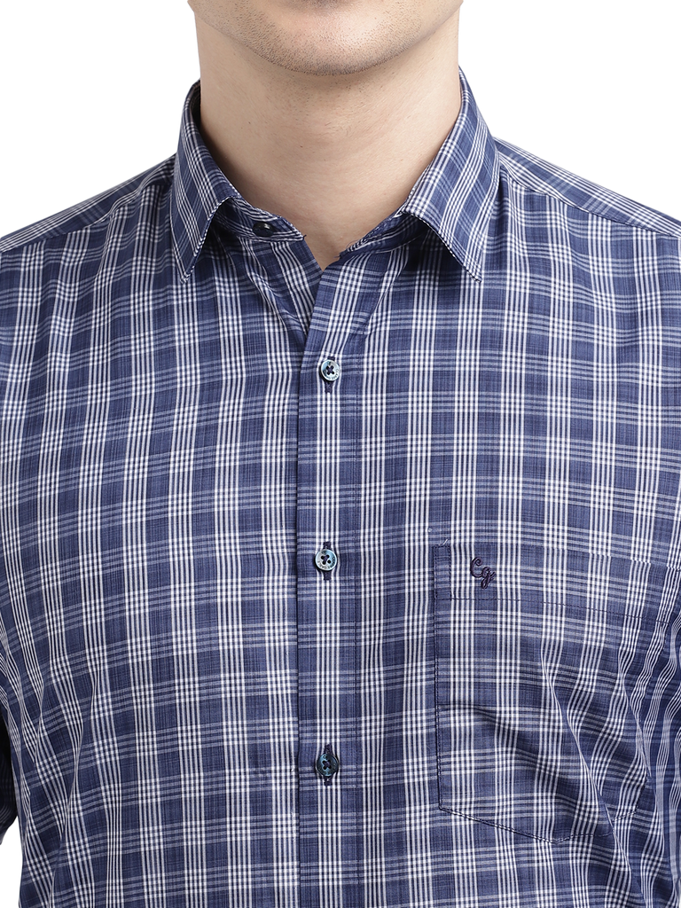 Model wearing Clarke Gable's Blue With White Checked Formal Shirt in a casual setting