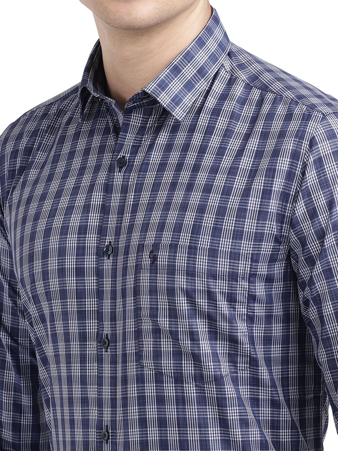Model wearing Clarke Gable's Blue With White Checked Formal Shirt in a casual setting