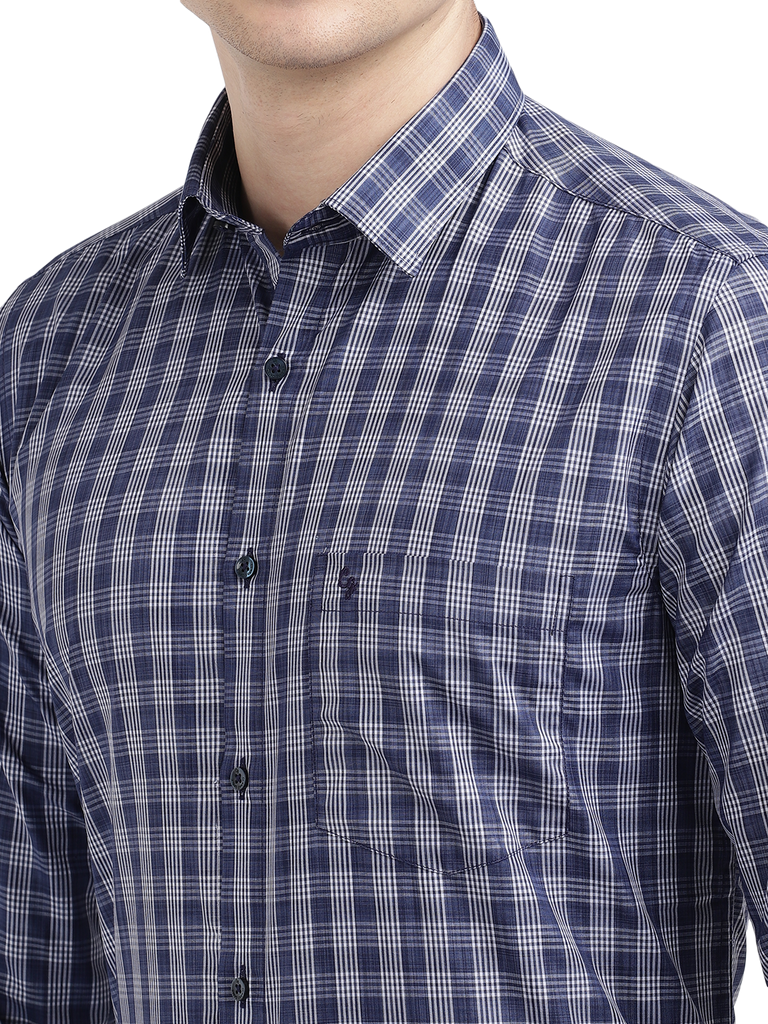 Model wearing Clarke Gable's Blue With White Checked Formal Shirt in a casual setting