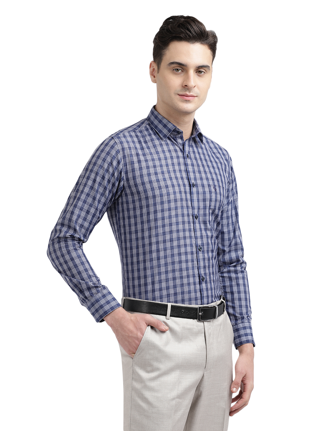 Model wearing Clarke Gable's Blue With White Checked Formal Shirt in a casual setting